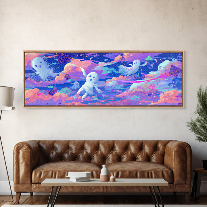 The Ghost Kite Festival, Retro Neon Halloween Art, Extra Wide Wall Art, Canvas Print, Retro Halloween Decor, Neon Wall Art