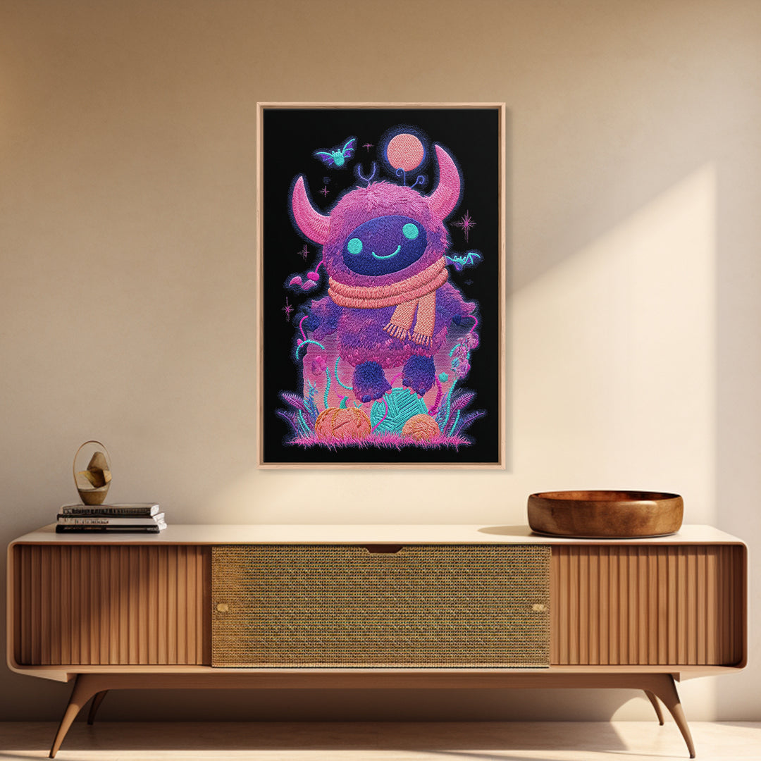The Fuzzy Purple Monster, Synthwave Halloween Art, Vertical Wall Art, Canvas Print, Retro Halloween Decor, Neon Wall Art, Macabre Wall Art