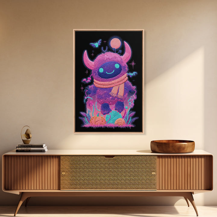 The Fuzzy Purple Monster, Synthwave Halloween Art, Vertical Wall Art, Canvas Print, Retro Halloween Decor, Neon Wall Art, Macabre Wall Art