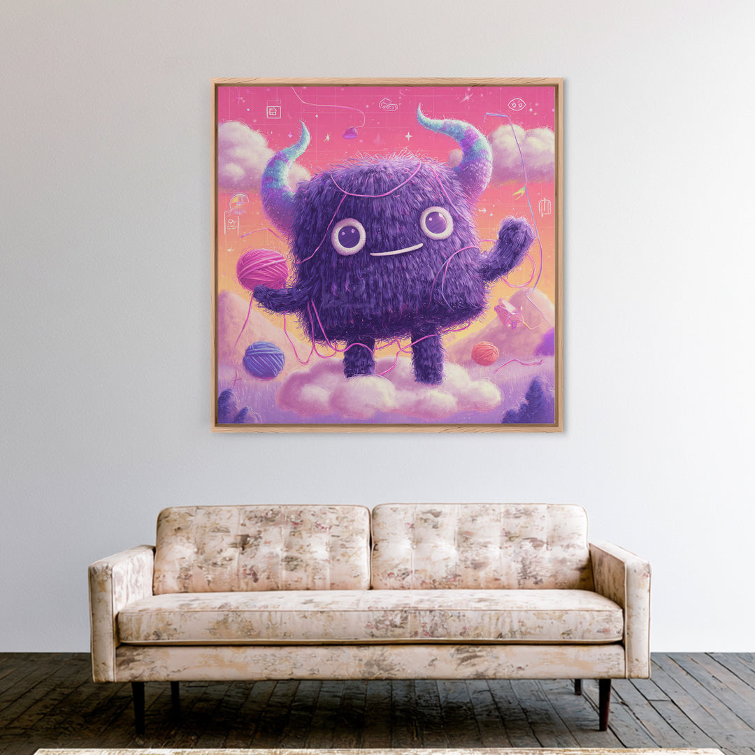 The Fuzzy Purple Monster, Vaporwave Halloween Decor, Square Wall Art, Framed Canvas Print, Retro Halloween Decor, Neon Wall Art