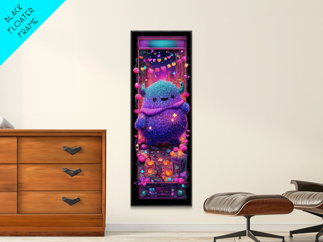The Fuzzy Purple Monster, Synthwave Halloween Art, Tall Narrow Wall Art, Canvas Print, Retro Halloween Decor, Neon Wall Art