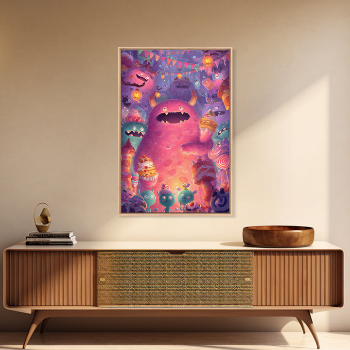 The Polka-Dot Monster, Vaporwave Halloween Decor, Vertical Wall Art, Framed Canvas Print, Retro Halloween Decor, Neon Wall Art