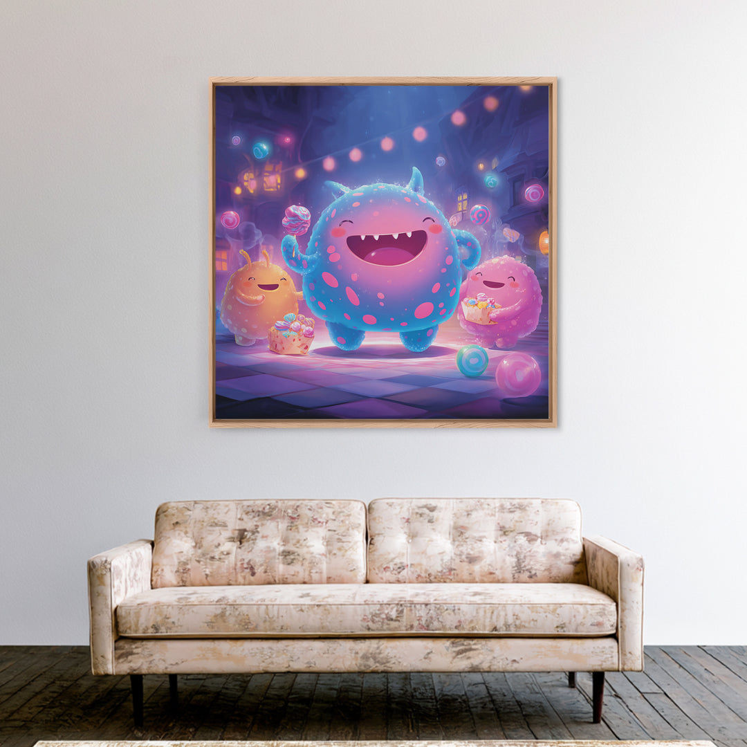 The Polka-Dot Monster, Synthwave Halloween Art, Square Wall Art, Framed Canvas Print, Retro Halloween Decor, Neon Wall Art