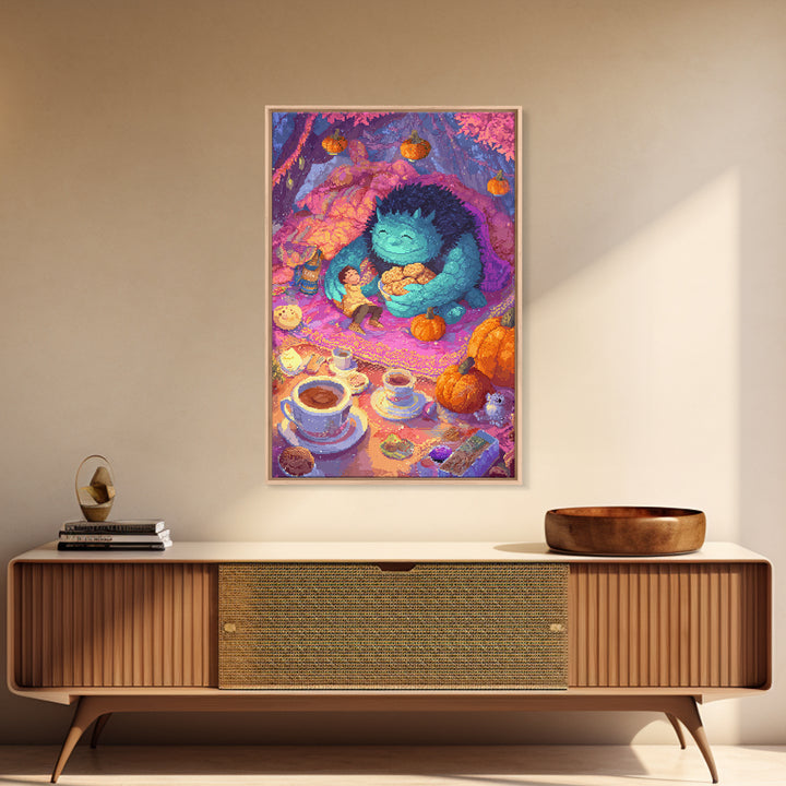 The Monster Under The Bed Tea Party, Retro Neon Halloween Art, Vertical Wall Art, Canvas Print, Retro Halloween Decor, Neon Wall Art
