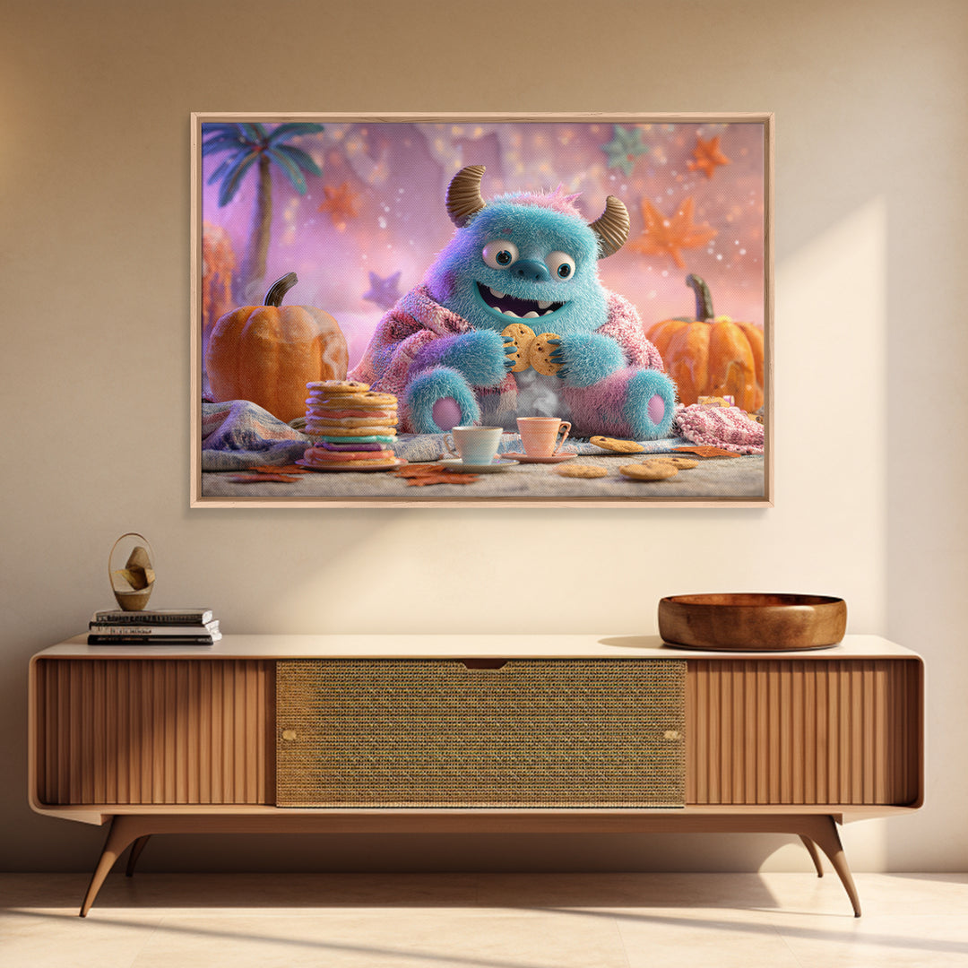 The Monster Under The Bed Tea Party, Vaporwave Halloween Decor, Landscape Wall Art, Canvas Print, Retro Halloween Decor, Neon Wall Art