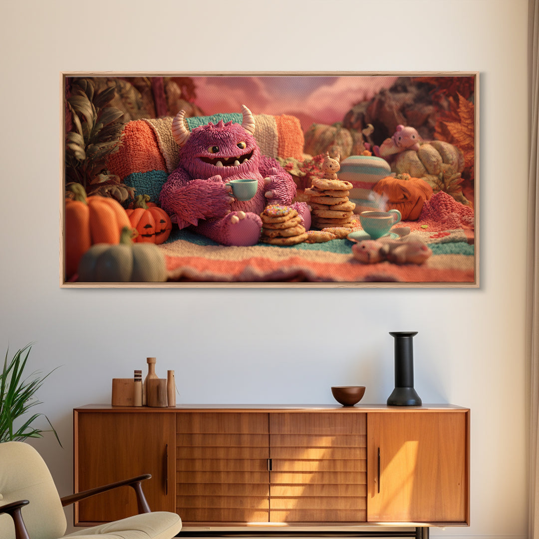 The Monster Under The Bed Tea Party, Vaporwave Halloween Decor, Wide Panoramic Art, Framed Canvas Print, Retro Halloween Decor