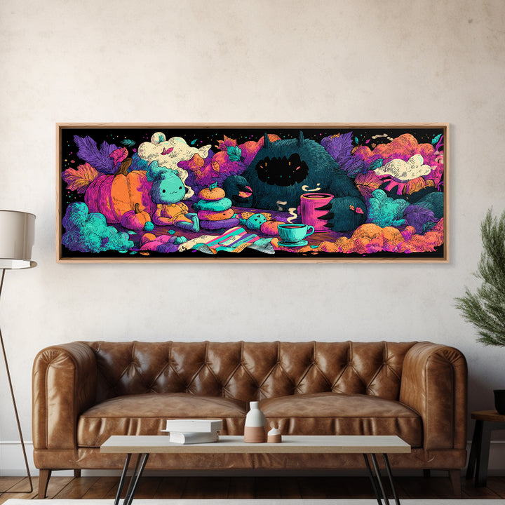 The Monster Under The Bed Tea Party, Synthwave Halloween Art, Extra Wide Wall Art, Canvas Print, Retro Halloween Decor, Neon Wall Art