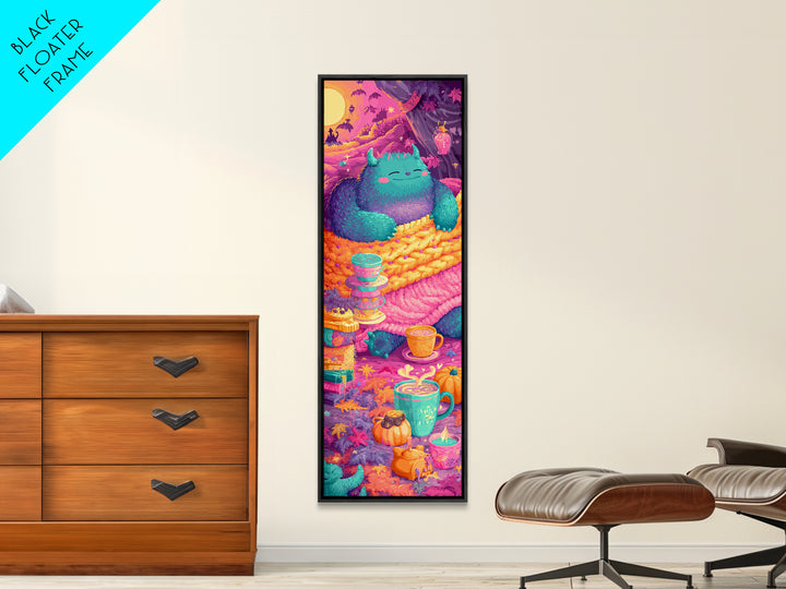 The Monster Under The Bed Tea Party, Retro Neon Halloween Art, Tall Narrow Wall Art, Framed Canvas Print, Retro Halloween Decor