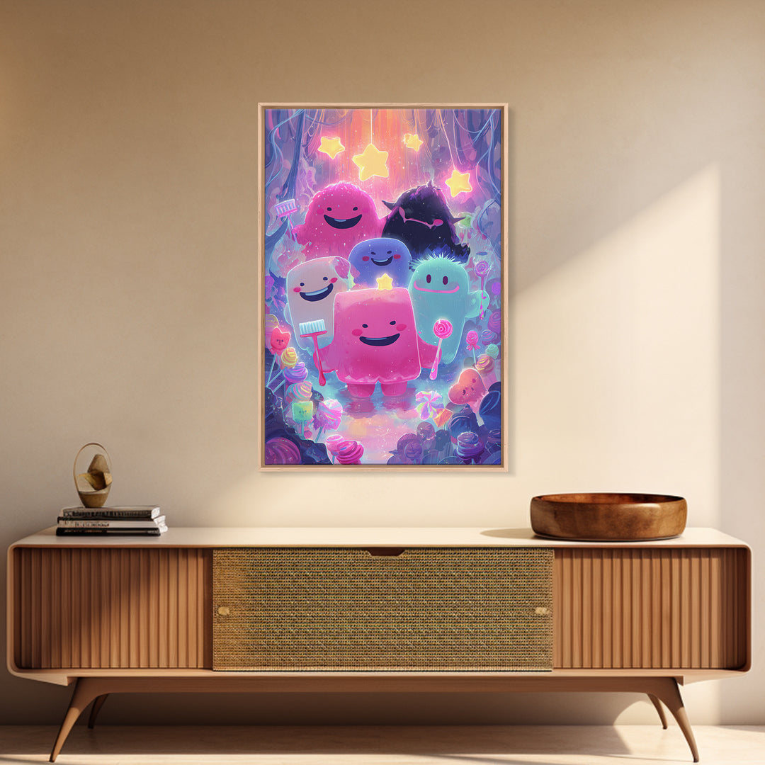 The Monster Toothbrush Club, Vaporwave Halloween Decor, Vertical Wall Art, Framed Canvas Print, Retro Halloween Decor, Neon Wall Art