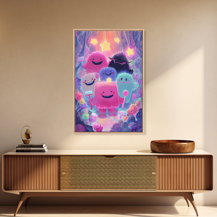 The Monster Toothbrush Club, Vaporwave Halloween Decor, Vertical Wall Art, Framed Canvas Print, Retro Halloween Decor, Neon Wall Art