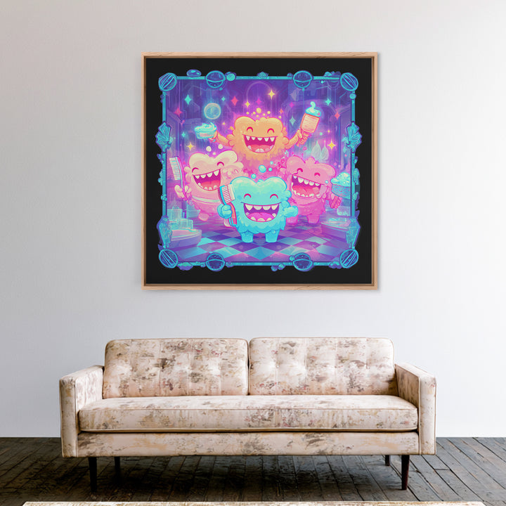 The Monster Toothbrush Club, Vaporwave Halloween Decor, Square Wall Art, Canvas Print, Retro Halloween Decor, Neon Wall Art
