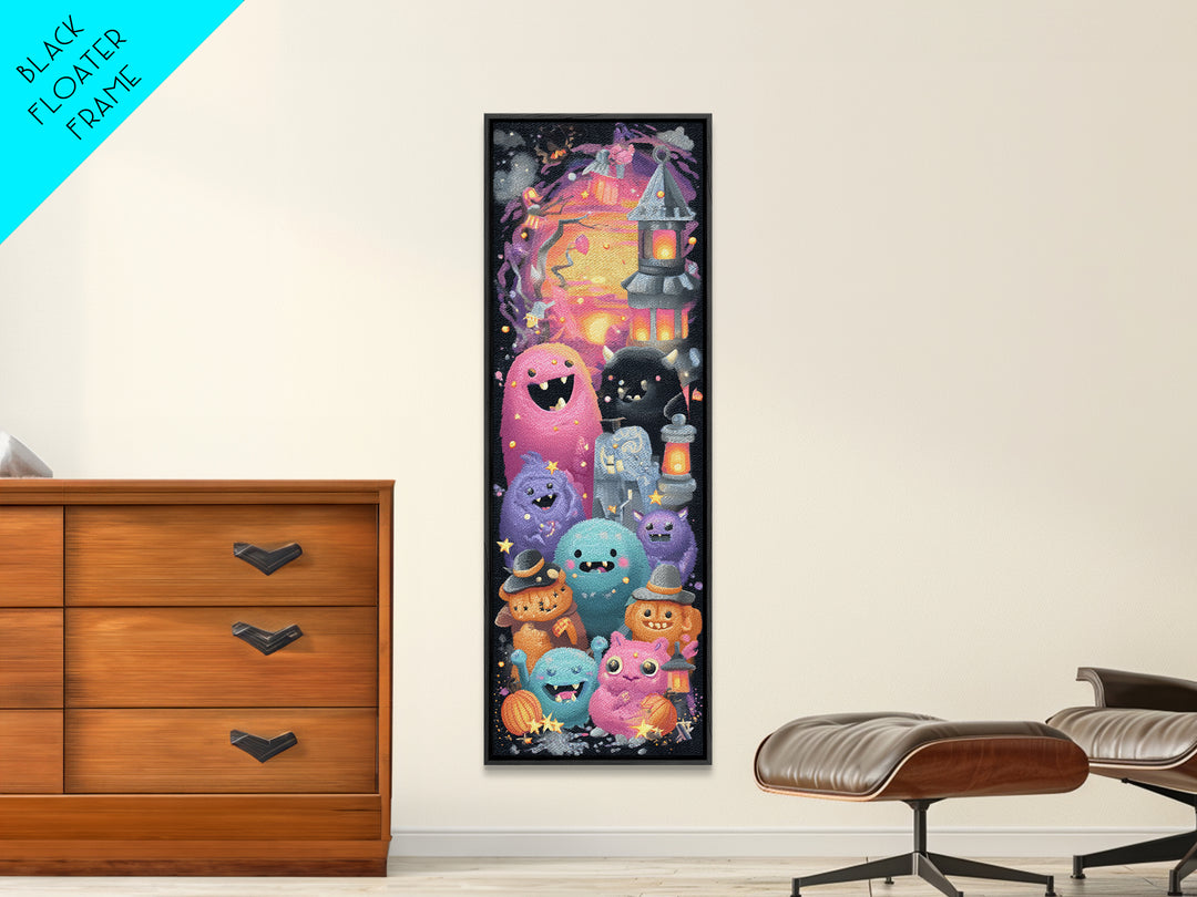 The Monster Toothbrush Club, Retro Neon Halloween Art, Tall Narrow Wall Art, Canvas Print, Retro Halloween Decor, Neon Wall Art