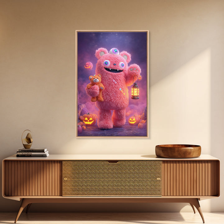 The Three-Eyed Teddy Monster, 80s Halloween Wall Art, Vertical Wall Art, Framed Canvas Print, Retro Halloween Decor, Neon Wall Art