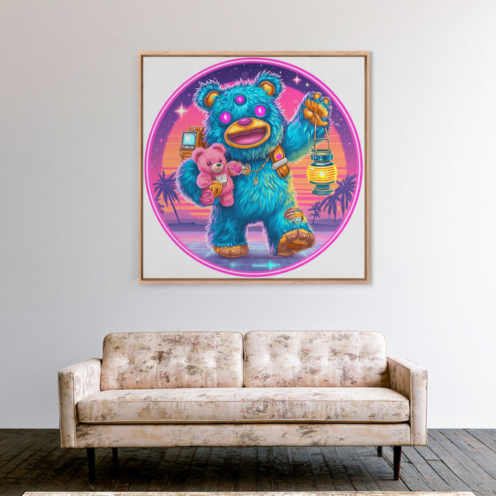 The Three-Eyed Teddy Monster, Cute Spooky Neon Art, Square Wall Art, Framed Canvas Print, Retro Halloween Decor, Neon Wall Art