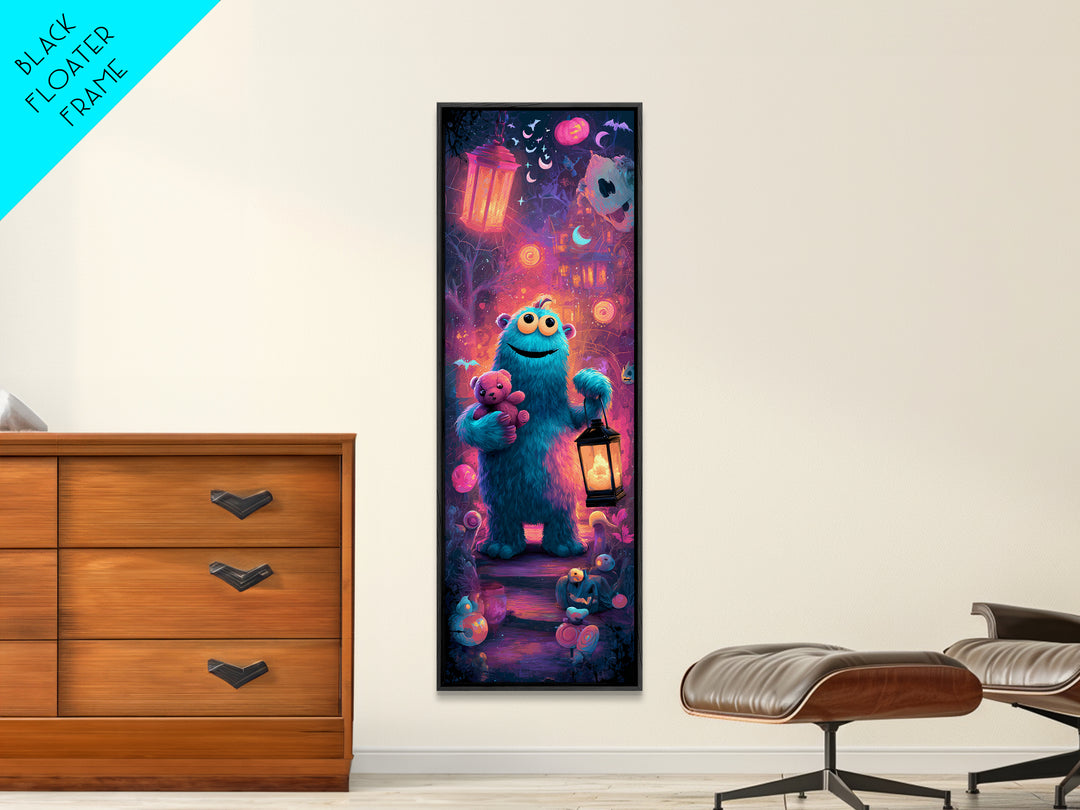 The Three-Eyed Teddy Monster, Vaporwave Halloween Decor, Tall Narrow Wall Art, Framed Canvas Print, Retro Halloween Decor, Neon Wall Art