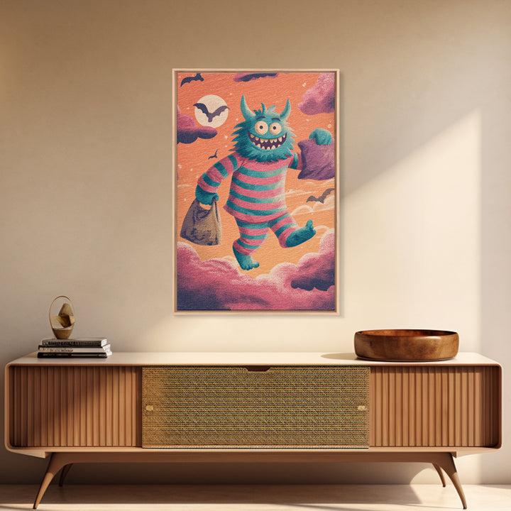 The Monster Pajama Parade, Synthwave Halloween Art, Vertical Wall Art, Framed Canvas Print, Retro Halloween Decor, Neon Wall Art