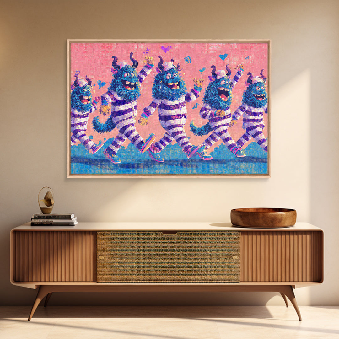 The Monster Pajama Parade, Vaporwave Halloween Decor, Landscape Wall Art, Canvas Print, Retro Halloween Decor, Neon Wall Art