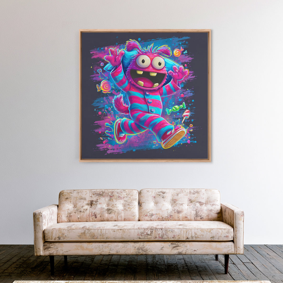 The Monster Pajama Parade, Vaporwave Halloween Decor, Square Wall Art, Canvas Print, Retro Halloween Decor, Neon Wall Art