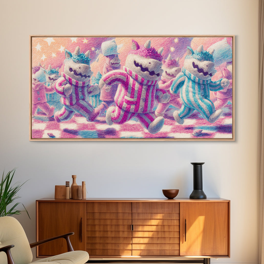 The Monster Pajama Parade, 80s Halloween Wall Art, Wide Panoramic Art, Framed Canvas Print, Retro Halloween Decor, Neon Wall Art