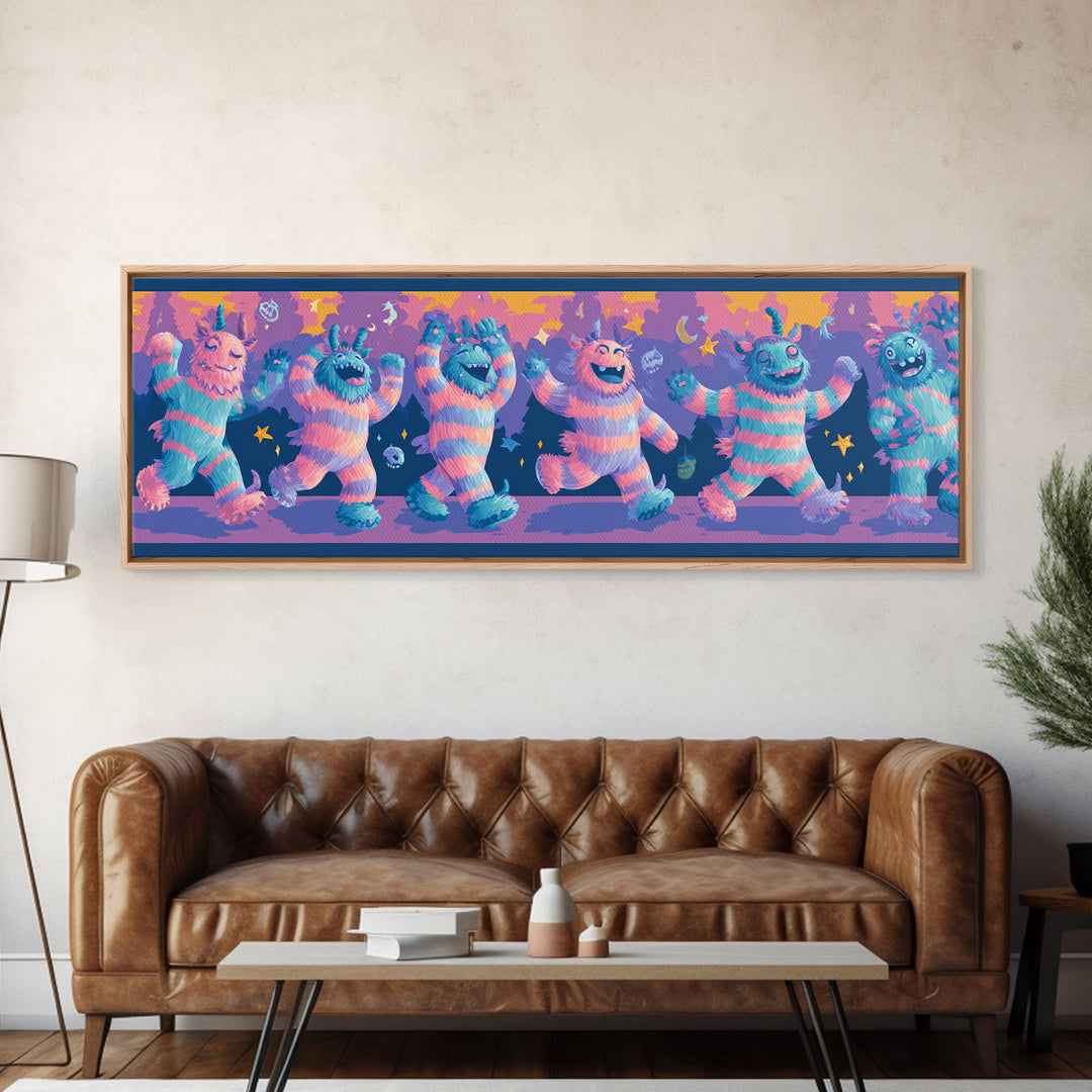 The Monster Pajama Parade, 80s Halloween Wall Art, Extra Wide Wall Art, Framed Canvas Print, Retro Halloween Decor, Neon Wall Art