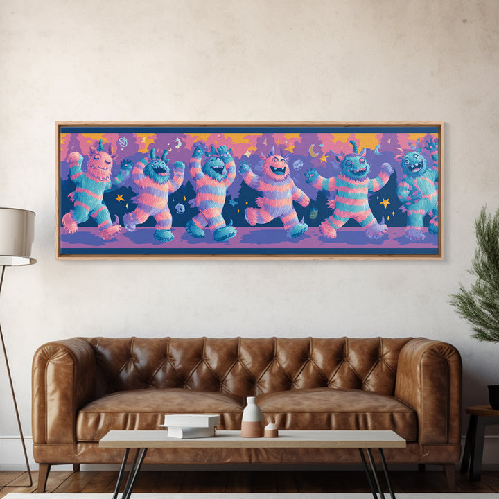 The Monster Pajama Parade, 80s Halloween Wall Art, Extra Wide Wall Art, Framed Canvas Print, Retro Halloween Decor, Neon Wall Art