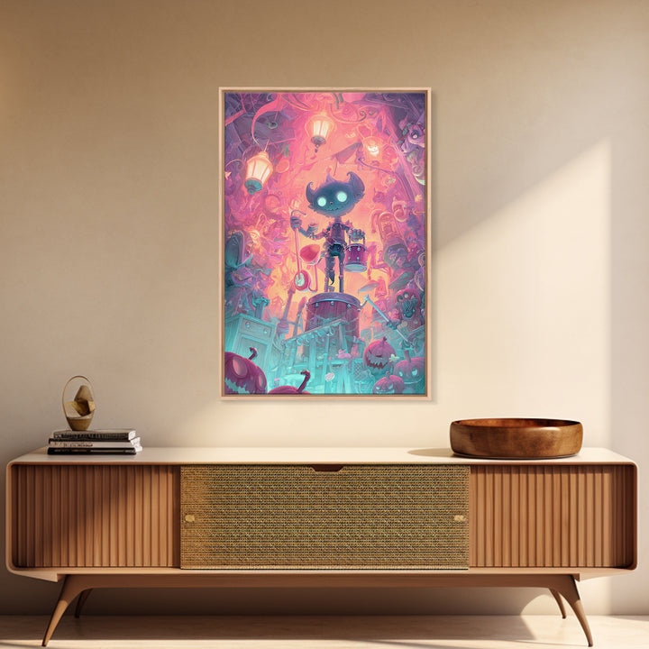 The Little Monster Orchestra, Synthwave Halloween Art, Vertical Wall Art, Canvas Print, Retro Halloween Decor, Neon Wall Art
