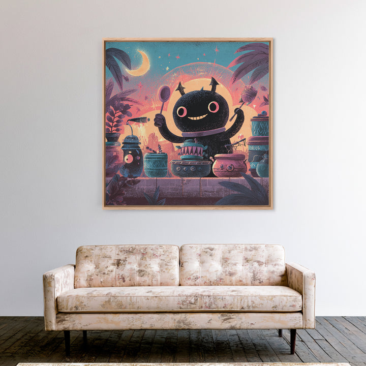 The Little Monster Orchestra, Cute Spooky Neon Art, Square Wall Art, Framed Canvas Print, Retro Halloween Decor, Neon Wall Art