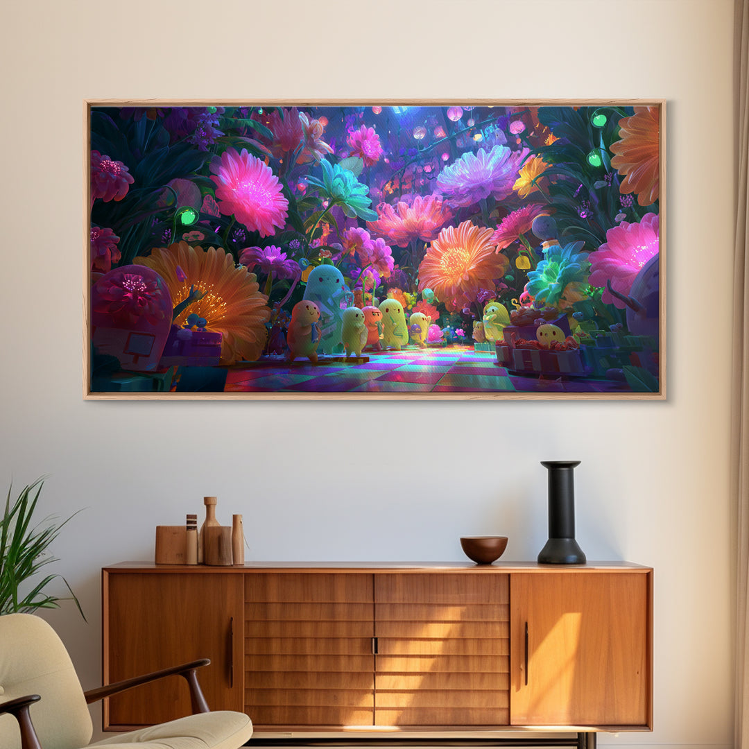 The Monster Flower Shop, Cute Spooky Neon Art, Wide Panoramic Art, Canvas Print, Retro Halloween Decor, Neon Wall Art, Macabre Wall Art