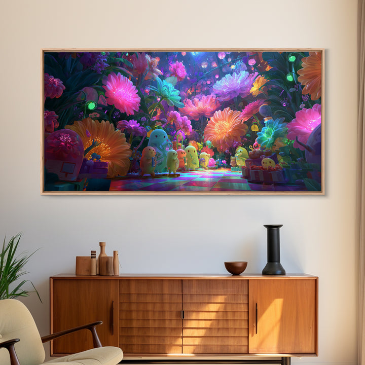 The Monster Flower Shop, Cute Spooky Neon Art, Wide Panoramic Art, Canvas Print, Retro Halloween Decor, Neon Wall Art, Macabre Wall Art