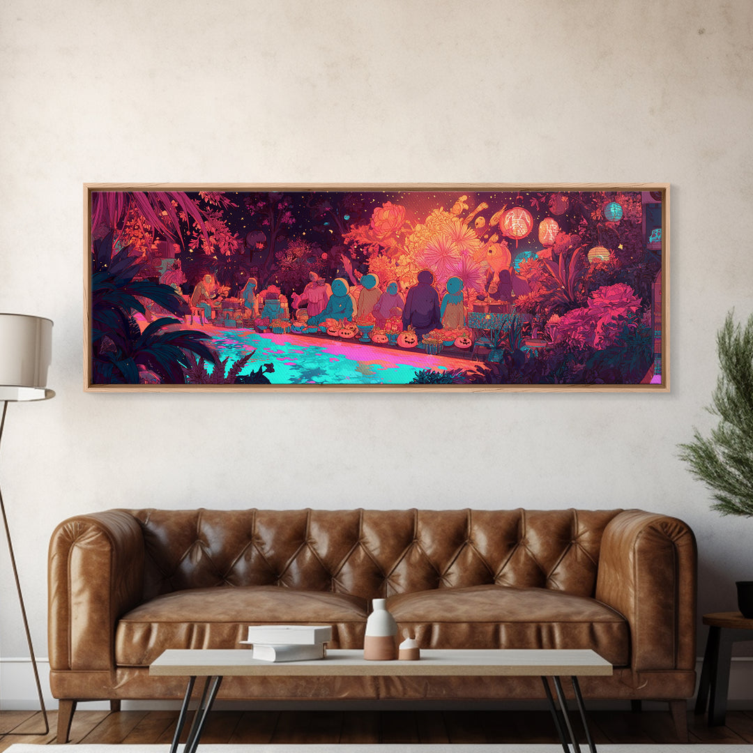 The Monster Flower Shop, Synthwave Halloween Art, Extra Wide Wall Art, Framed Canvas Print, Retro Halloween Decor, Neon Wall Art