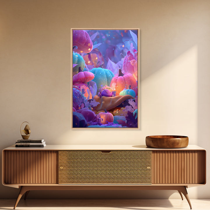 The Monster Hide-And-Seek Game, Synthwave Halloween Art, Vertical Wall Art, Canvas Print, Retro Halloween Decor, Neon Wall Art