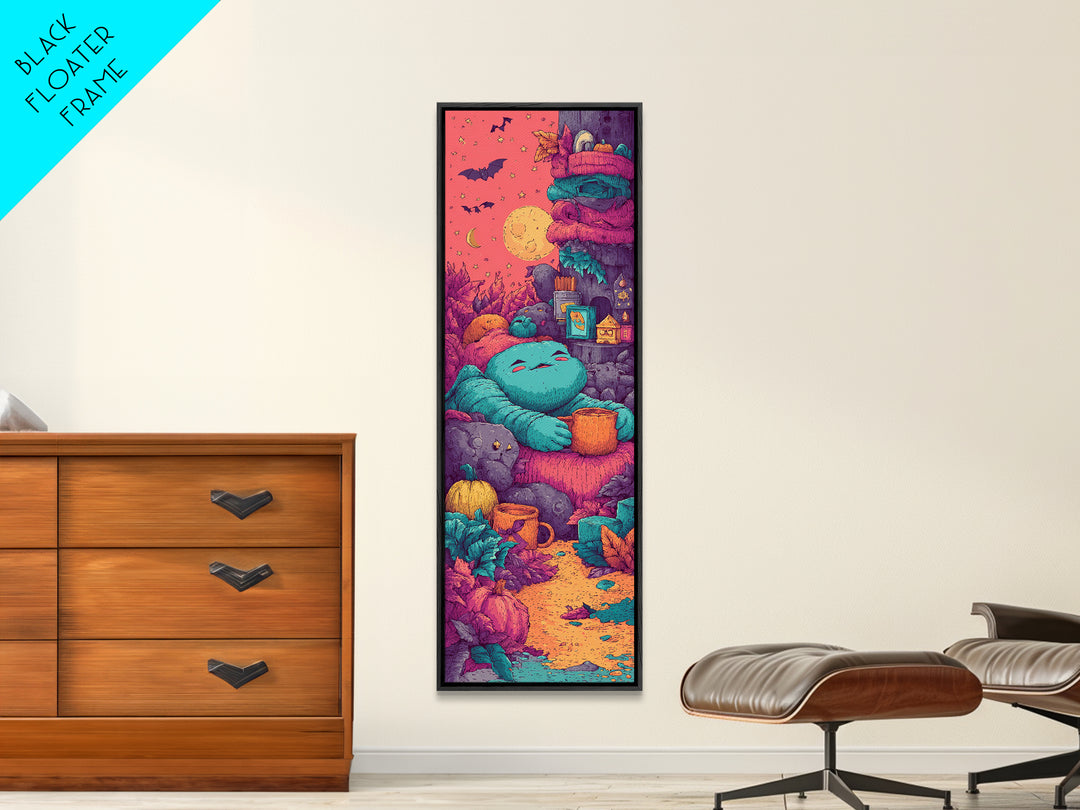 The Monster Hide-And-Seek Game, Cute Spooky Neon Art, Tall Narrow Wall Art, Canvas Print, Retro Halloween Decor, Neon Wall Art