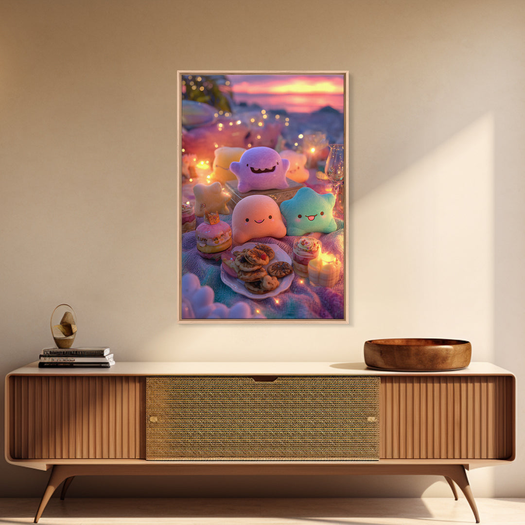 The Monster Friendship Picnic, Cute Spooky Neon Art, Vertical Wall Art, Canvas Print, Retro Halloween Decor, Neon Wall Art, Dark Fantasy Art