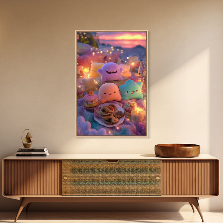 The Monster Friendship Picnic, Cute Spooky Neon Art, Vertical Wall Art, Canvas Print, Retro Halloween Decor, Neon Wall Art, Dark Fantasy Art