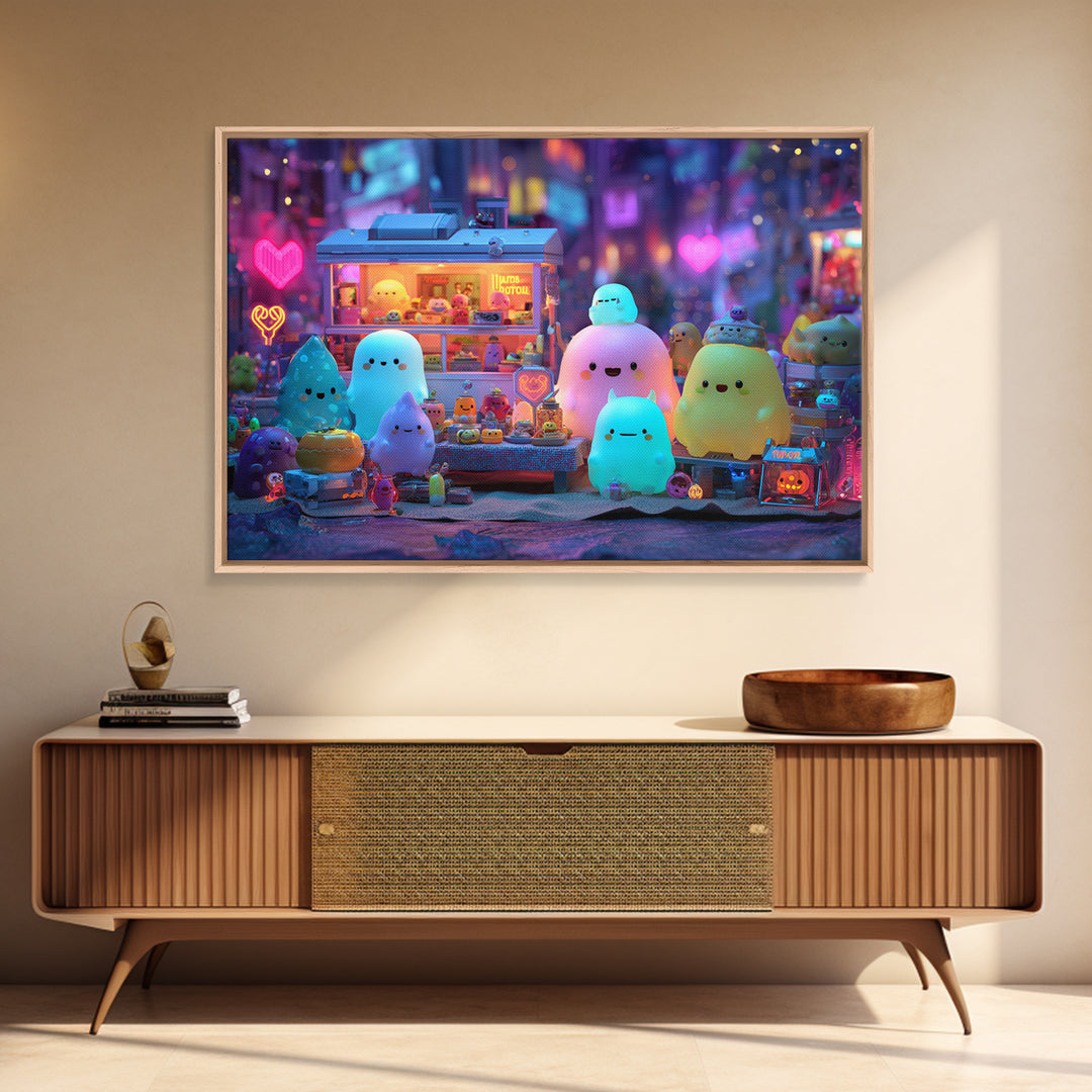 The Monster Friendship Picnic, Retro Neon Halloween Art, Landscape Wall Art, Framed Canvas Print, Retro Halloween Decor, Neon Wall Art