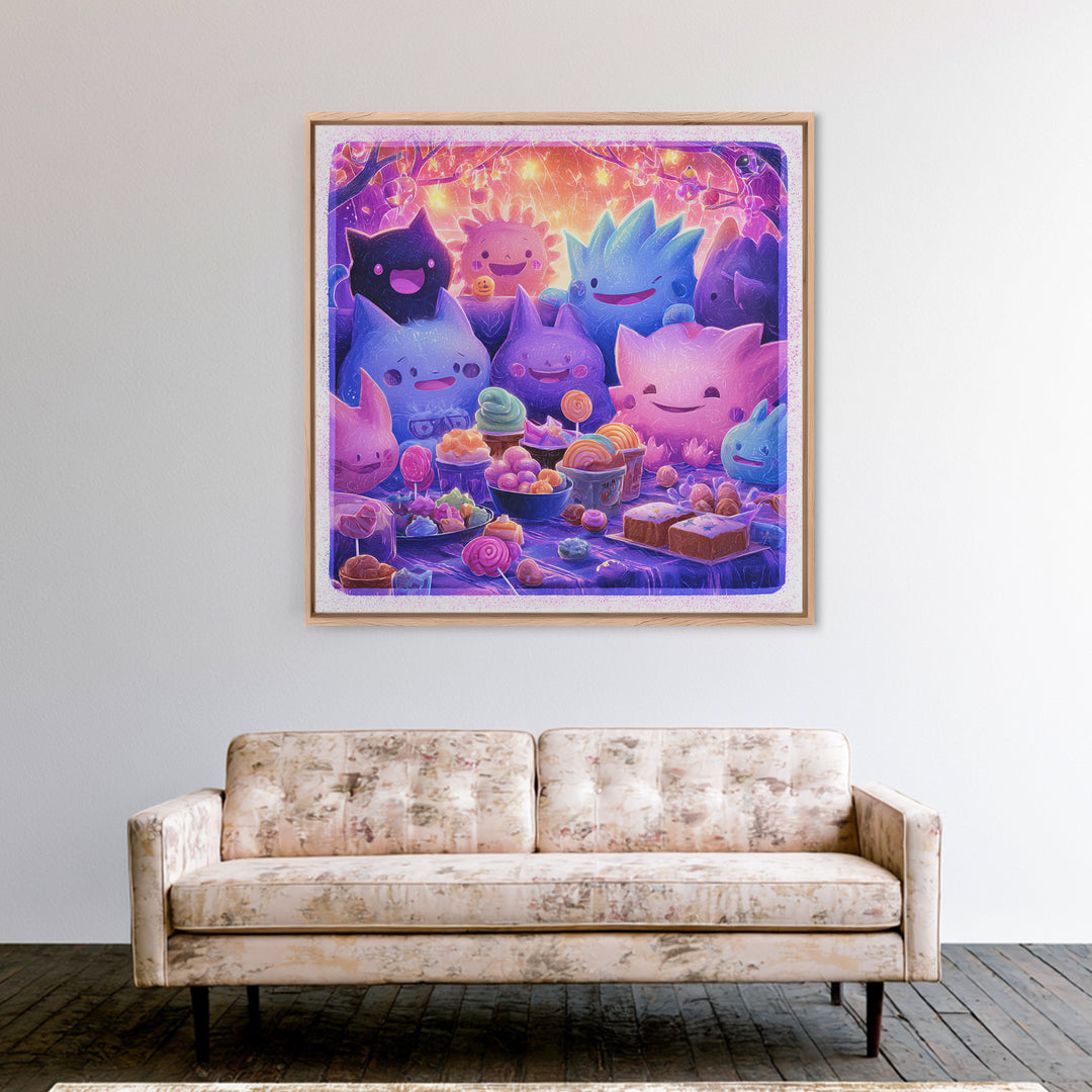 The Monster Friendship Picnic, Vaporwave Halloween Decor, Square Wall Art, Canvas Print, Retro Halloween Decor, Neon Wall Art