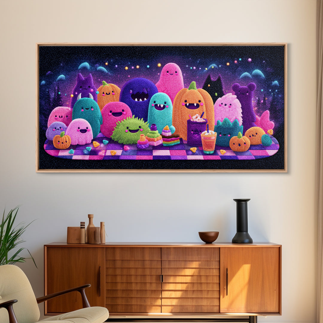 The Monster Friendship Picnic, Retro Neon Halloween Art, Wide Panoramic Art, Canvas Print, Retro Halloween Decor, Neon Wall Art
