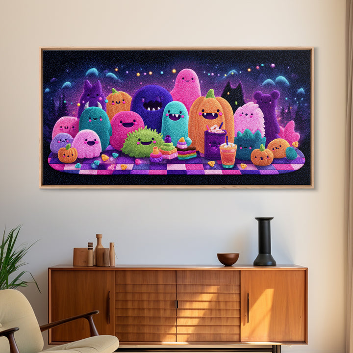 The Monster Friendship Picnic, Retro Neon Halloween Art, Wide Panoramic Art, Canvas Print, Retro Halloween Decor, Neon Wall Art