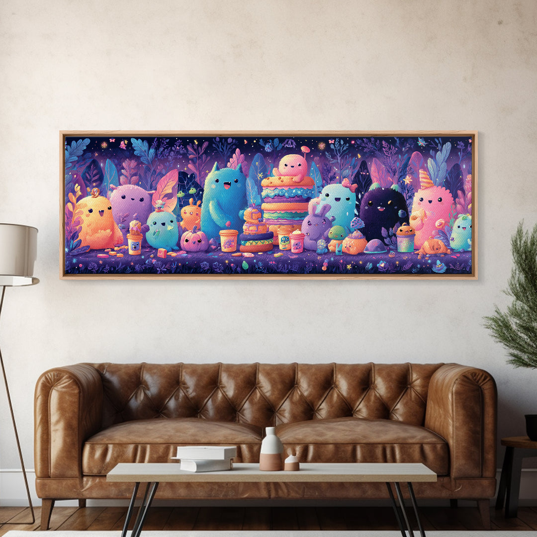 The Monster Friendship Picnic, Synthwave Halloween Art, Extra Wide Wall Art, Framed Canvas Print, Retro Halloween Decor, Neon Wall Art