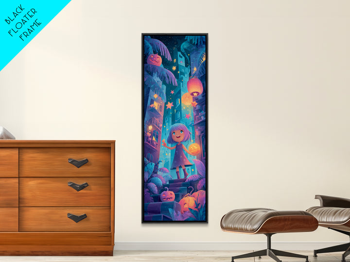 The Trick-Or-Treat Treasure Hunt, Cute Spooky Neon Art, Tall Narrow Wall Art, Canvas Print, Retro Halloween Decor, Neon Wall Art
