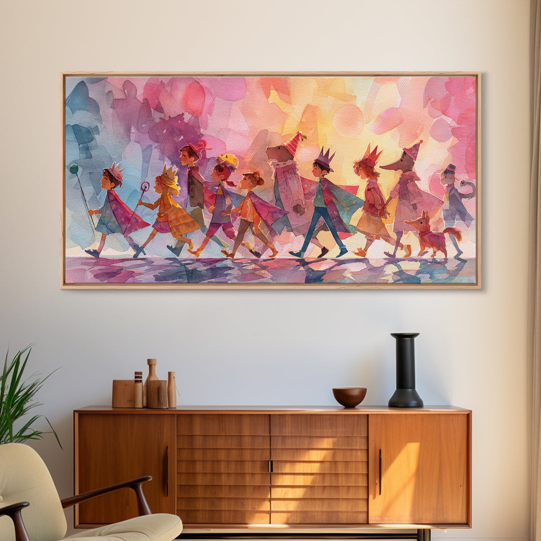 The Costume Parade, Retro Neon Halloween Art, Wide Panoramic Art, Canvas Print, Retro Halloween Decor, Neon Wall Art, Seasonal Home Decor