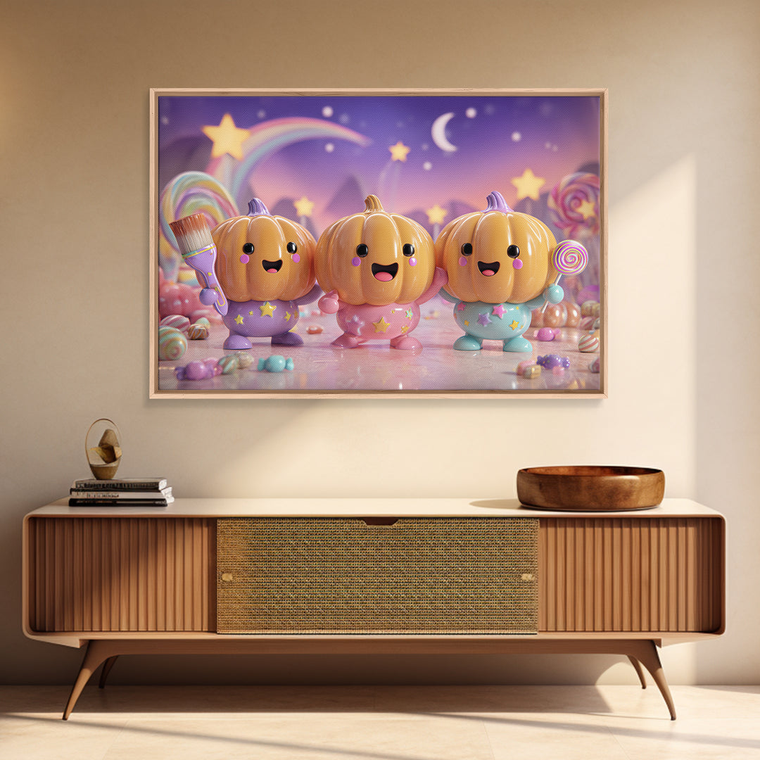 The Pumpkin Painting Party, Synthwave Halloween Art, Landscape Wall Art, Canvas Print, Retro Halloween Decor, Neon Wall Art