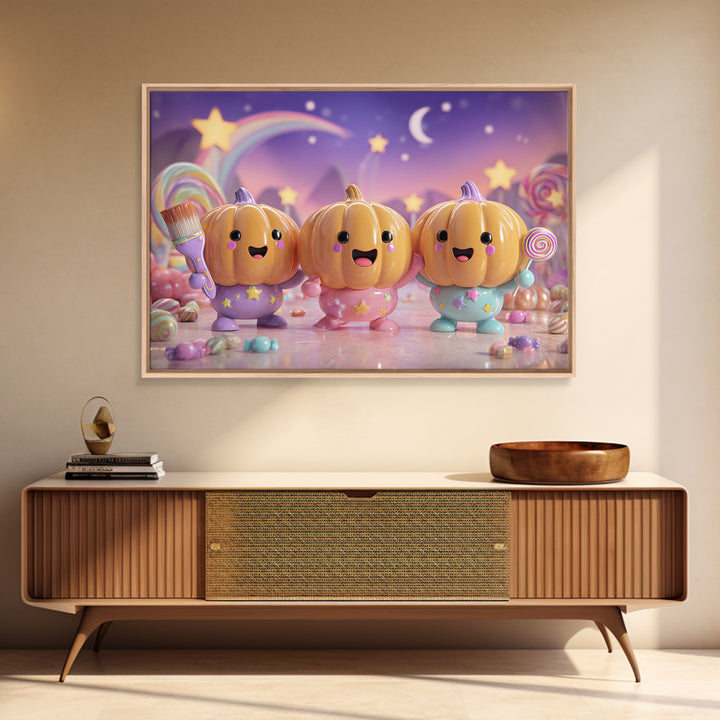 The Pumpkin Painting Party, Synthwave Halloween Art, Landscape Wall Art, Canvas Print, Retro Halloween Decor, Neon Wall Art