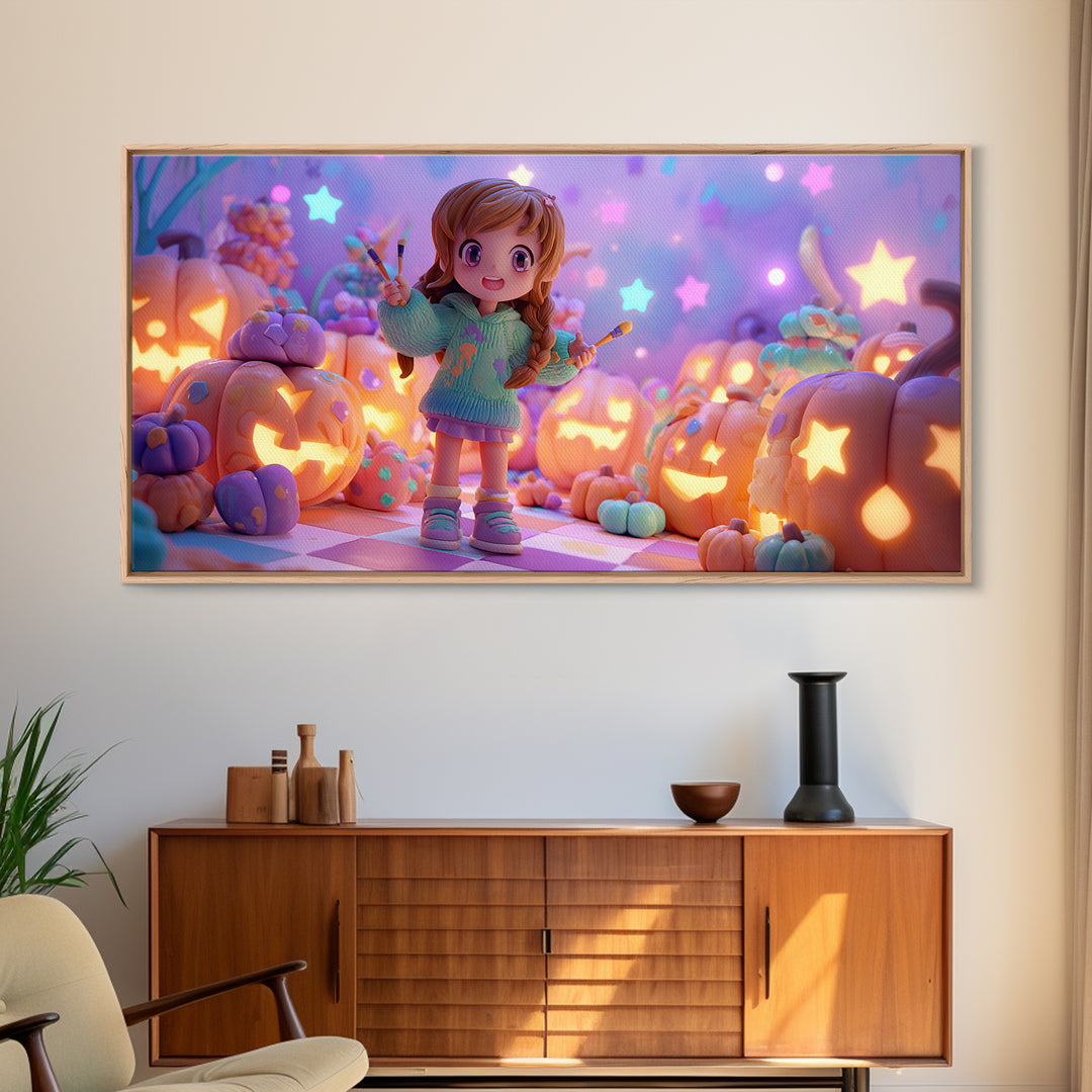 The Pumpkin Painting Party, Retro Neon Halloween Art, Wide Panoramic Art, Framed Canvas Print, Retro Halloween Decor, Neon Wall Art