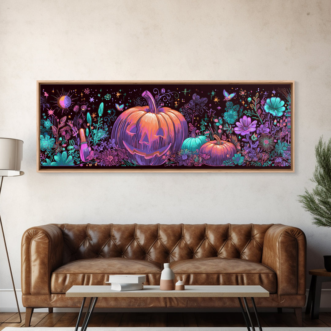 The Pumpkin Painting Party, 80s Halloween Wall Art, Extra Wide Wall Art, Canvas Print, Retro Halloween Decor, Neon Wall Art