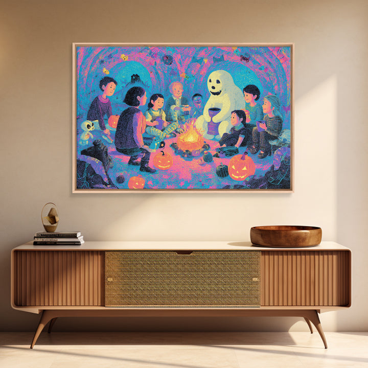 The Halloween Story Circle, Retro Neon Halloween Art, Landscape Wall Art, Canvas Print, Retro Halloween Decor, Neon Wall Art