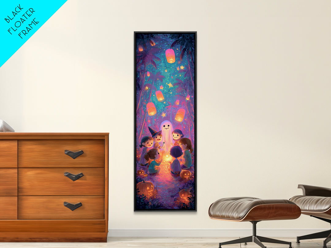The Halloween Story Circle, Synthwave Halloween Art, Tall Narrow Wall Art, Framed Canvas Print, Retro Halloween Decor, Neon Wall Art