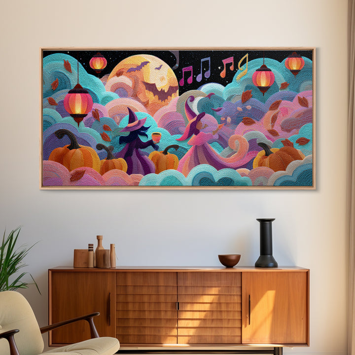 The Moonlight Dance Party, Cute Spooky Neon Art, Wide Panoramic Art, Framed Canvas Print, Retro Halloween Decor, Neon Wall Art