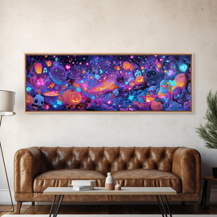 The Moonlight Dance Party, Synthwave Halloween Art, Extra Wide Wall Art, Canvas Print, Retro Halloween Decor, Neon Wall Art