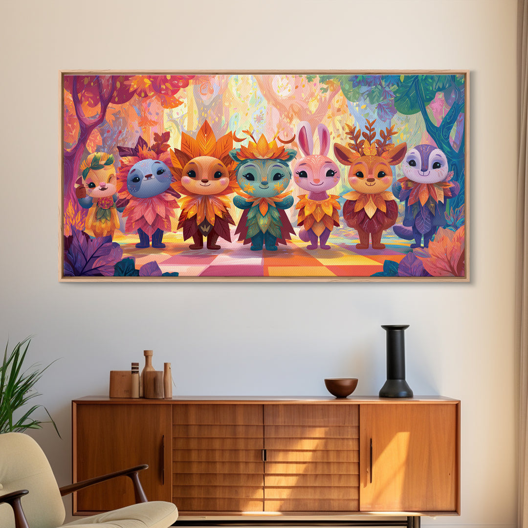 The Autumn Leaf Costume Contest, Cute Spooky Neon Art, Wide Panoramic Art, Canvas Print, Retro Halloween Decor, Neon Wall Art
